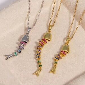 Fishbone Silver Crystal Necklace Rainbow Crystal Pendant | Coastal Ocean Jewelry